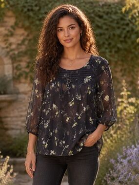 LC Lauren Conrad Floral Pleated Bib Sheer Blouse Black Boho Top M